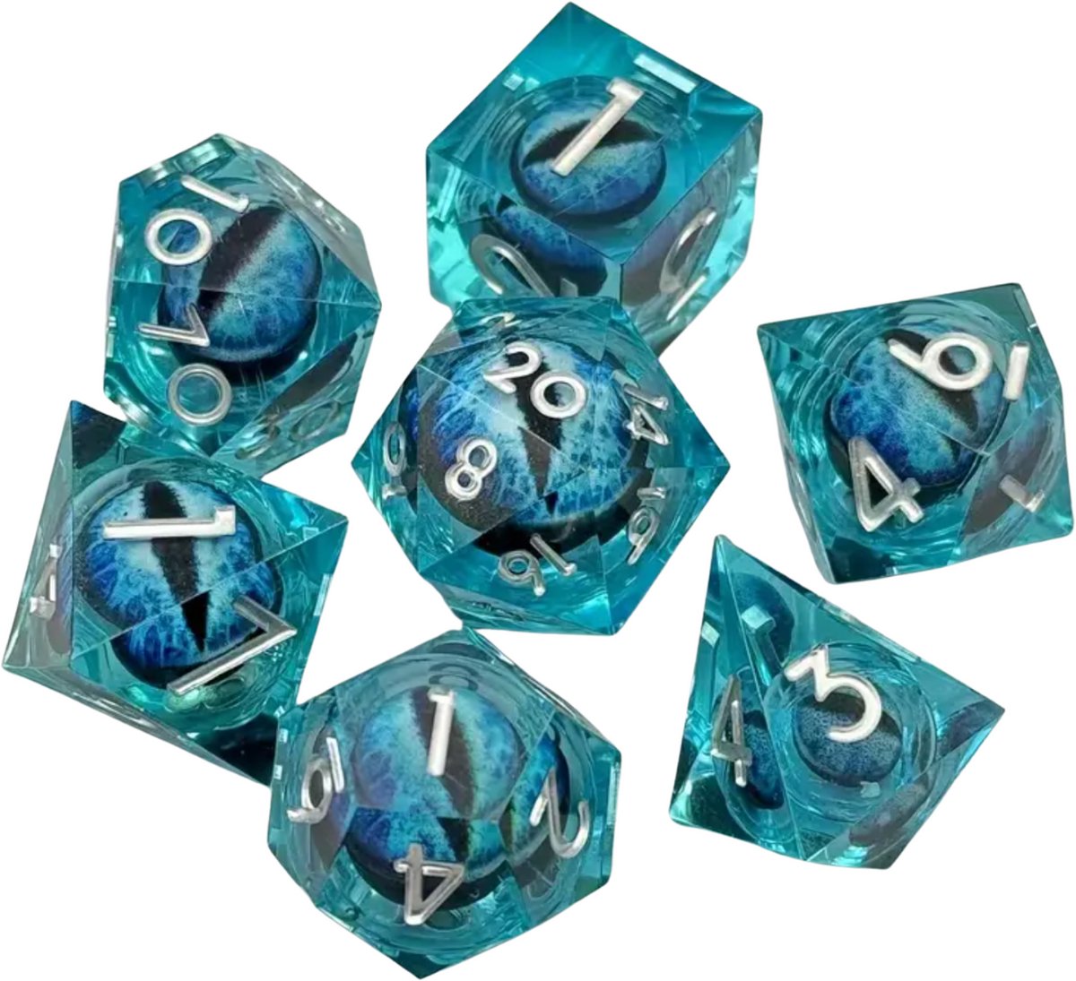 Joya Dice® Dungeons and Dragons Dobbelsteen set | Polydice DnD Dobbelstenen Set | D&D Dice set | Resin 7 stuks set | Incl Luxe Opbergdoos | Blauw met Oog in de Stenen
